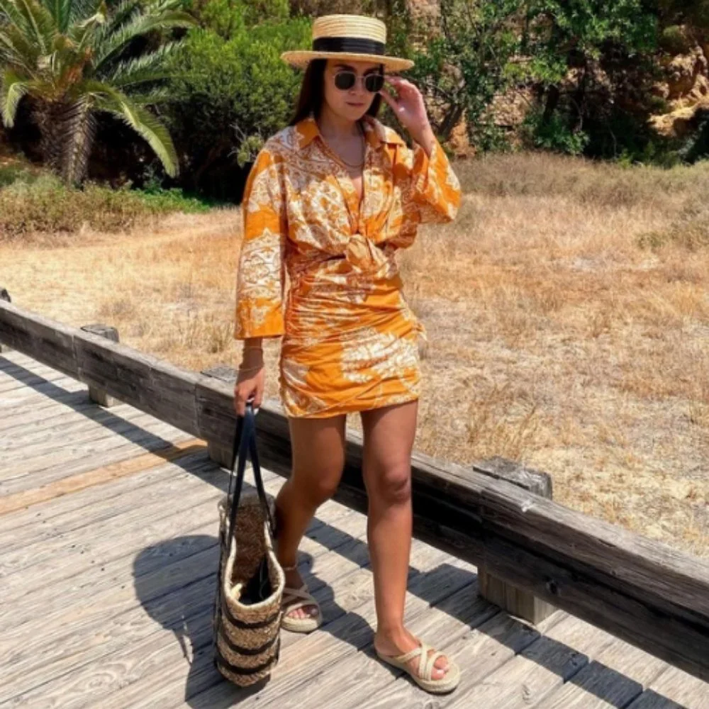 Zara 2 Piece Printed Mini Skirt And Top Co-ord Set Burnt Orange NWT